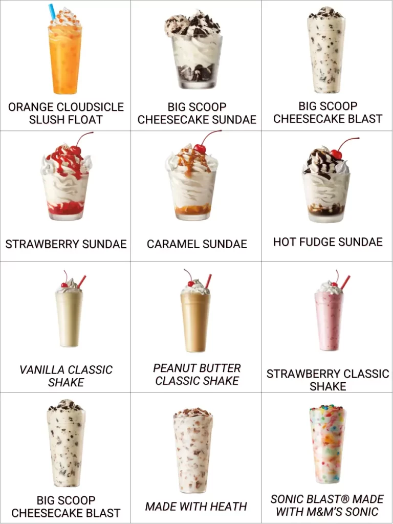 Sonic Milkshake Menu